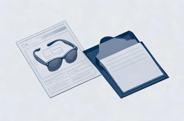 Illustration of a prescription sunglasses brief handing off to a quotation folder